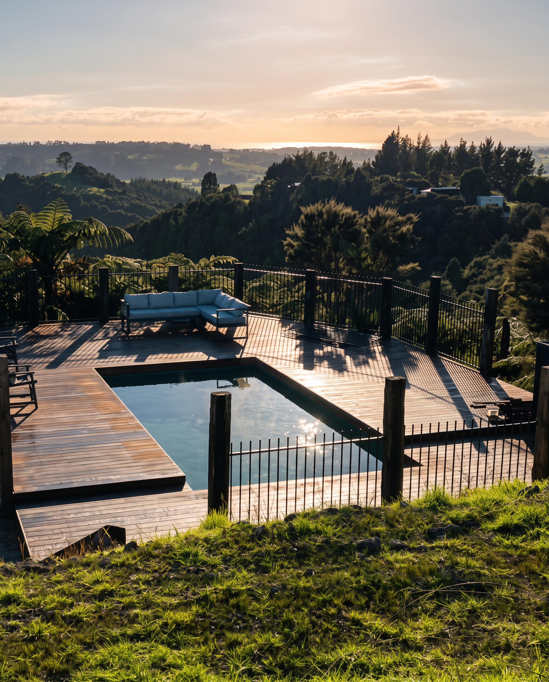 Pool with hardwood decking overlooking Northland hills at golden hour